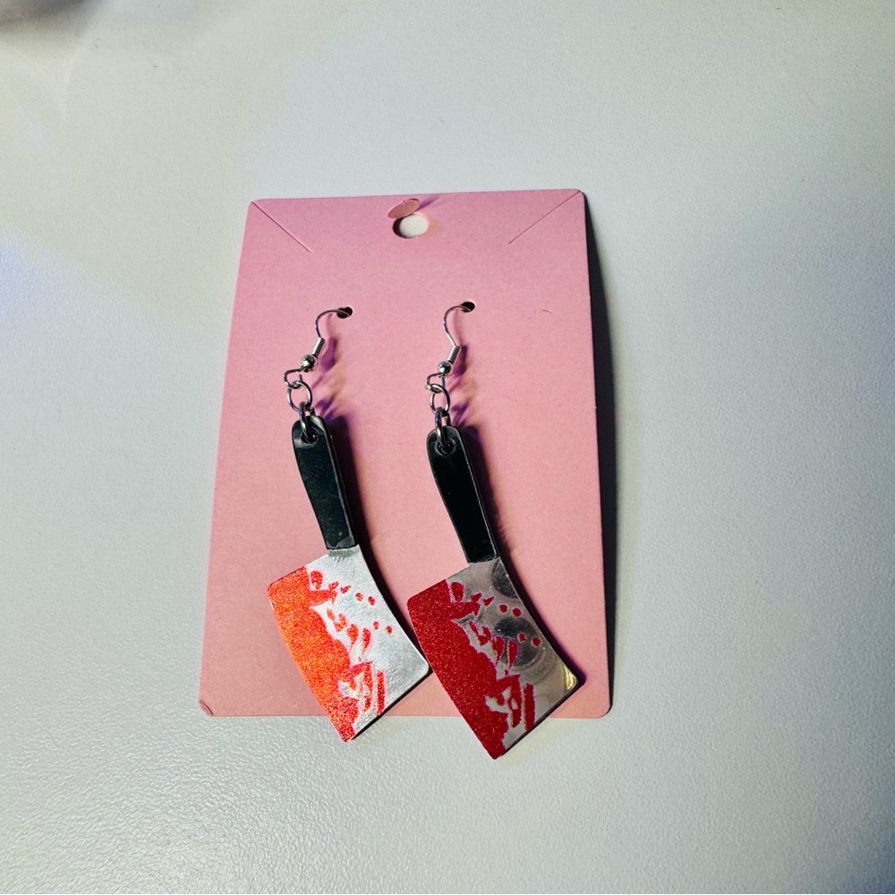 Halloween horror slasher bloody butcher knife handmade earrings